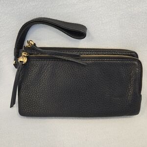 Black Leather Wristlet with Gold Accents